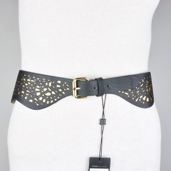 BCBGMaxAzria | Accessories | Bcbg Waist Belt Navy Blue Gold  BCBG WAIST BELT BLACK GOLD VEGAN LEATHER SCALLOPED